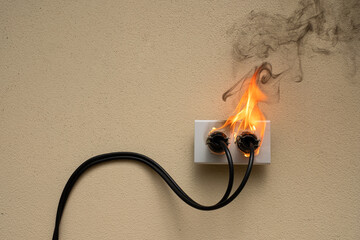 On fire electric wire plug Receptacle on the concrete wall background