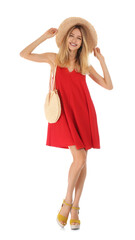 Young woman wearing stylish red dress on white background
