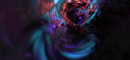 Computer generated fractal abstract background. Blue orange purple reflection over dark space