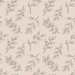 Seamless floral pattern with gray hand drawn leaves on pink background.