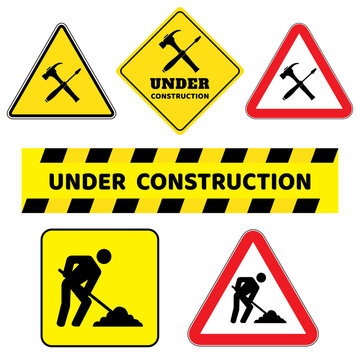 Under construction sign collection.Six construction sign drawing by illustration.Under construction sign as triangle shape with red border and yellow background