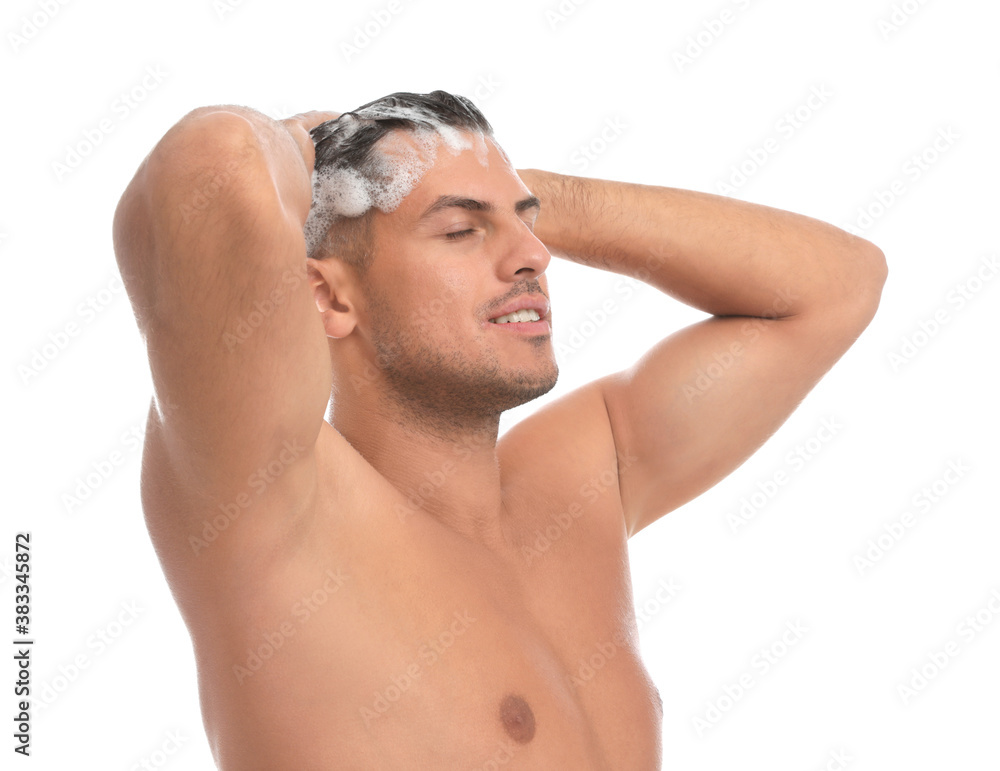 Canvas Prints Handsome man washing hair on white background