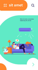 Fototapeta premium Young man relaxing at couch under air conditioner flat vector illustration. Cartoon guy in cold room chatting via smartphone. Digital technology and summer home concept