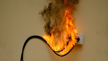 On fire electric wire plug Receptacle on the concrete wall background