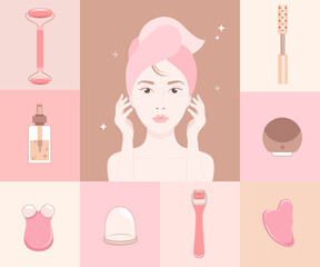 Woman face silhouette with cosmetics gadgets around.Excellent female skin with a facial roller, massager. Chinese medicine recommends.Cosmetic self-care.Advertising a beauty salon.Vector illustration. © tandav