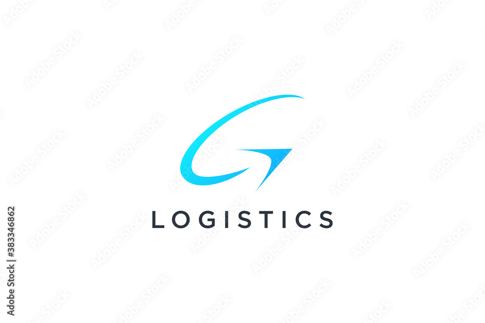 Poster abstract initial letter g logo. blue circular wave with right arrow shape isolated on white backgrou