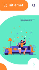 Mom and daughter leisure concept. Teen girl and her mother sitting on couch at home, using smartphone for video call or taking selfie. Can be used for family, mobile technology topics