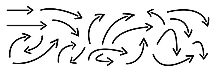 Hand drawn curved arrows . Sketch doodle style. Collection of vector pointers.