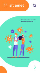 Infected people wearing face masks suffering from anxiety and coronavirus symptoms. Man and woman feeling fever, head and joint ache. Can be used for Wuhan, respiratory disease, warning topics