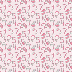 Fototapeta na wymiar Seamless pattern in Scandinavian style. Cute cartoon pink and white numbers from zero to nine, isolated on pink background. Hand drawn doodle illustration. Cute print.