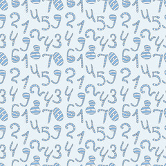 Fototapeta na wymiar Seamless pattern in Scandinavian style. Cute cartoon blue and white numbers from zero to nine, isolated on blue background. Hand drawn doodle illustration. Cute print.