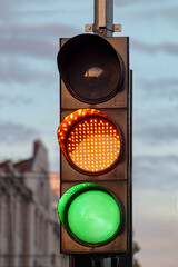 Traffic light. Green road signal. Intersection control for transport. Yellow trafficlight on...