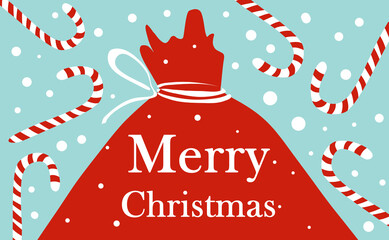 Festive card design. Red bag with text Merry Christmas and falling candy canes on light blue...