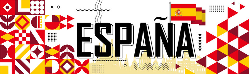Spain national day banner for España , Espana or Espania with abstract retro modern geometric design. Flag of spain with typography & red yellow color theme. Barcelona & Madrid skyline in background.