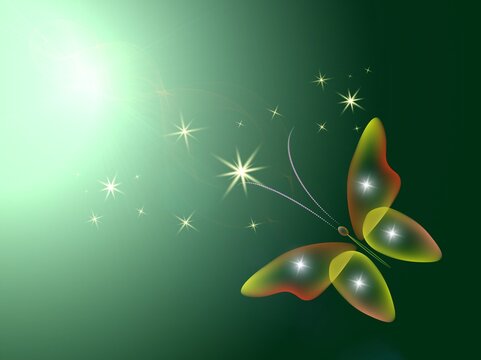 Glowing Image With Magic Butterflies. Transparent Reflective Background For Graphic Design. Neon Yellow Pictures.