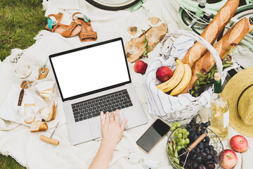 Laptop computer and french style outdoor picnic - wicker basket and food