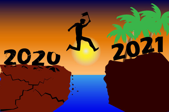 Vector illustration of, jumping from cracked and broken old year to new year 2021