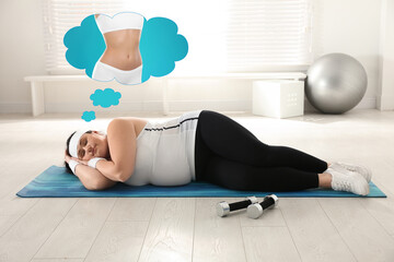 Overweight woman seeing dreams about slim body while sleeping instead of training. Weight loss...