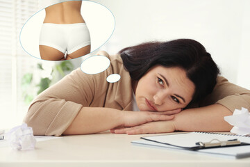 Overweight woman dreaming about slim body at table. Weight loss concept