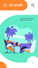 Tired office employee sleeping at workplace and dreaming of ocean beach with surfboard. Vector illustration for burnout, vacation, travel, holiday concept