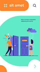 Woman standing in rain and thunderstorm at close door. Man coming by open door with festive confetti. Vector illustration for gender inequality, business discrimination, social issues concept