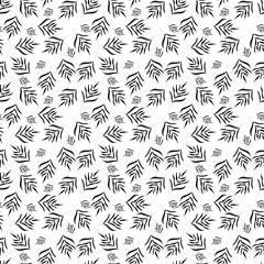 Seamless pattern of hand drawn branches with leaves - grey's silhouettes isolated on background. Illustration - print template, wrapping paper, printed materials, textile, fabric.