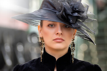 Steampunk girl in a black dress and hat near an old steam locomotive and large iron wheels. Blond beauty. Vintage portrait of the last century, retro journey.