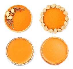 Set of tasty pumpkin pies on white background, top view