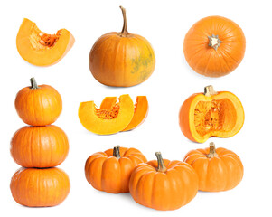Set of fresh pumpkins on white background