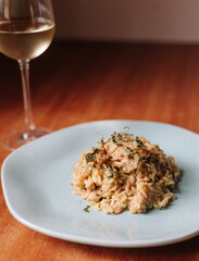 Beautiful mushrooms risotto and white wine