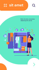 Woman standing at open wardrobe and choosing clothes to wear. Vector illustration for garment, outfit, storage organization, closet, routine, choice concepts