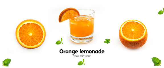 Orange lemonade with ice and mint on white background. Long header banner format. Panorama website...