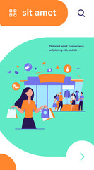 People standing at fashion store windows. Trendy woman carrying shopping bags from boutique. Vector illustration for fashion outlet, retail store, sale season concepts