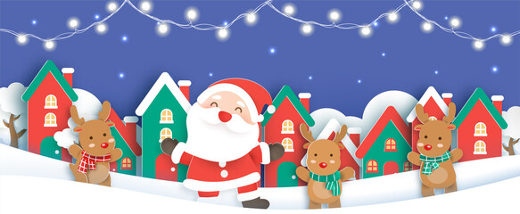 Christmas banner, background with a Santa Clause and friends in the snow village paper cut and craft style.