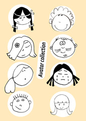 set clipart Cute smiling faces of people doodl child and man