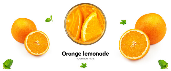 Orange lemonade with ice and mint on white background. Long header banner format. Panorama website...