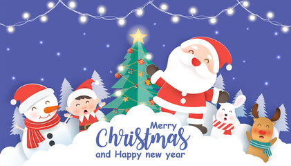 Merry Christmas with a Santa Clause and friends for Christmas background ,Christmas card in  paper cut and craft style.