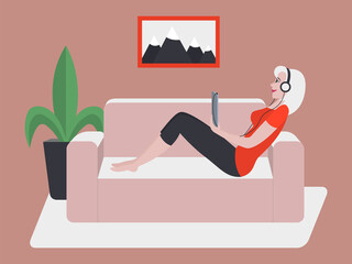 Young woman listening to music on tablet, sitting on sofa in home interior. Beautiful blonde in headphones. Vector concept to illustrate home entertainment, listen to podcast, online education, relax.