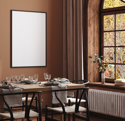 Mock up frame in cozy modern dining room interior, 3d render