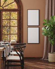 Mock up frame in cozy modern dining room interior, 3d render