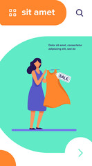 Cartoon woman holding dress for sale. Clothes, discount, store flat vector illustration. Shopping and retail concept for banner, website design or landing web page