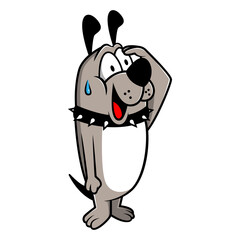Funny bulldog cartoon characters wearing leashes panic and smile with salute gesture when listening to dog whistle best for dog training product, service, and school