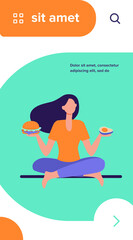 Healthy and junk food choice. Woman choosing between burger and avocado flat vector illustration. Healthy eating, unhealthy habit, diet concept for banner, website design or landing web page