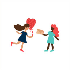 Postcard of a guy and a girl in love on a date. Two people in love, hearts and symbols of love, the concept of a date, for the day of Love. Vector illustration for Valentine's day. Vector illustration