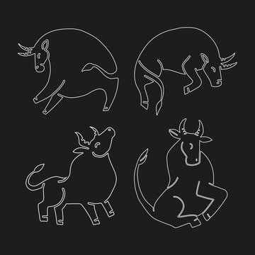 Set of bulls. Vector linaer illustration. Stylized silhouettes of bulls, standing in different poses. Isolated over balck background. Bull logo designs set. symbol of 2021 new year, zodiac sign.
