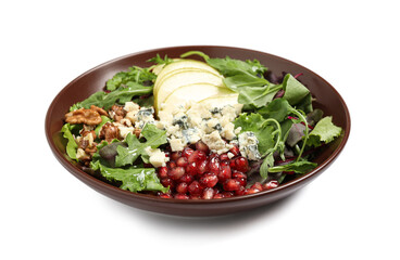 Tasty salad with pear slices, cheese, pomegranate seeds and walnuts isolated on white
