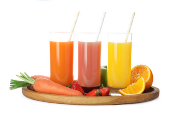 Glasses of delicious juices and fresh ingredients on white background