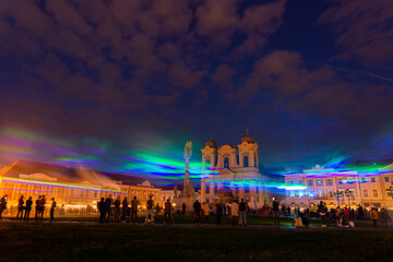 Fototapeta na wymiar Northern lights created by smoke and lasers at Timisoara,Romania
