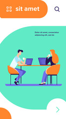 Colleagues discussing project during coffee break. People with laptops drinking coffee, talking flat vector illustration. Corporate communication concept for banner, website design or landing web page