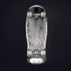 real macro photo of white blank 80s skateboard lying on dark background with cool shadow and scratches, downside of a skateboard. © Simon